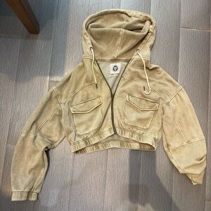 UO Urban Outfitters Yogi Fleece Cropped Zip-Up Hoodie Sweatshirt - Beige